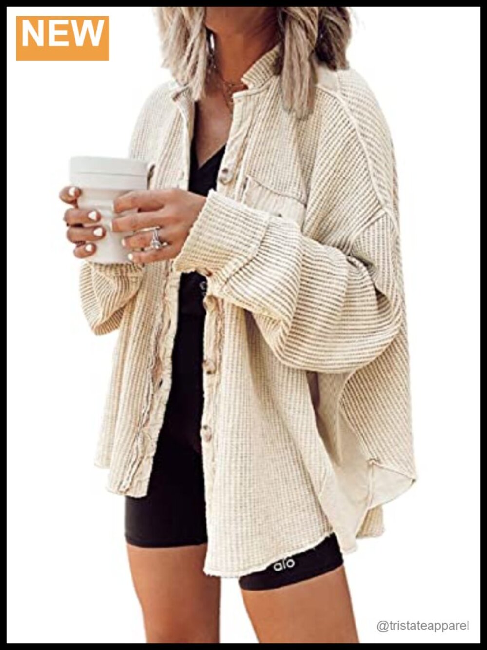 Baggy Loose Fit Waffle Knit Shacket Button Down Shirt Jacket Lapel Collar with